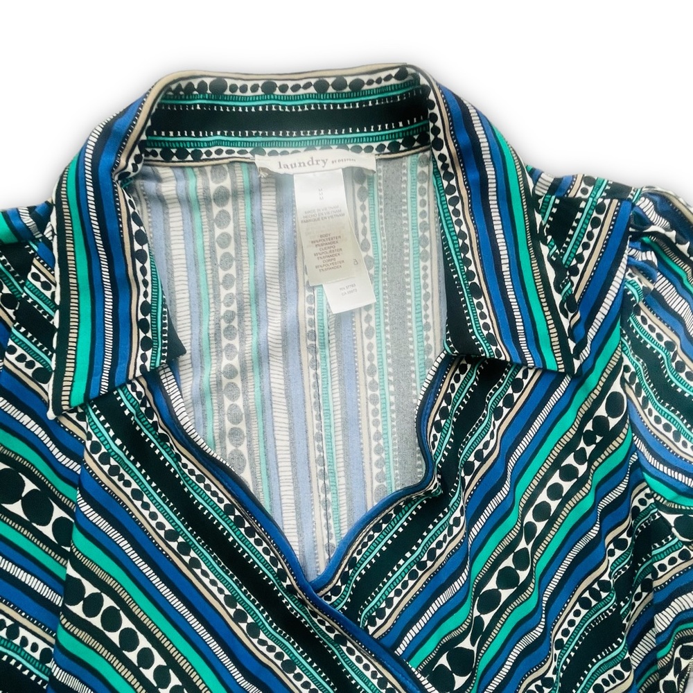 Laundry by Design Green/Black/Blue Geometric Print Wrap Dress Sz M Casual Sleek - Picture 4 of 9